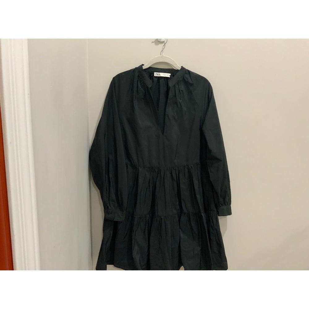 Zara Black‎ Tiered Poplin Mini Dress Long Sleeve V-Neck Babydoll Small